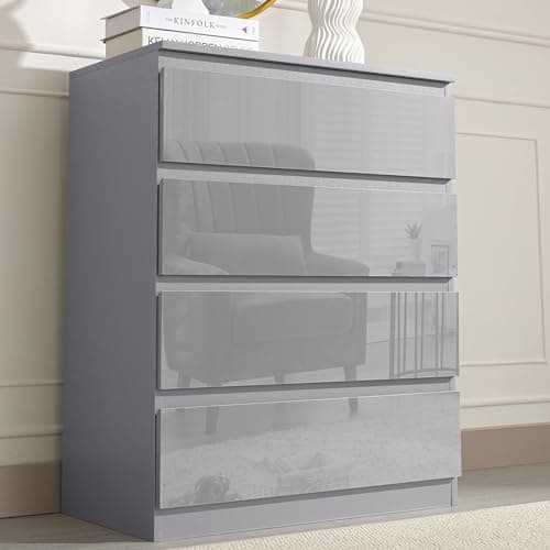 Image of High Gloss Chest of Drawers, 4 Drawer Bedroom Chest of Drawers MDF Chest of Draws Bedside Table Storage Cabinet for Bedroom Living Room Office Hallway Furniture, Grey, 70W x 40D x 95.5Hcm