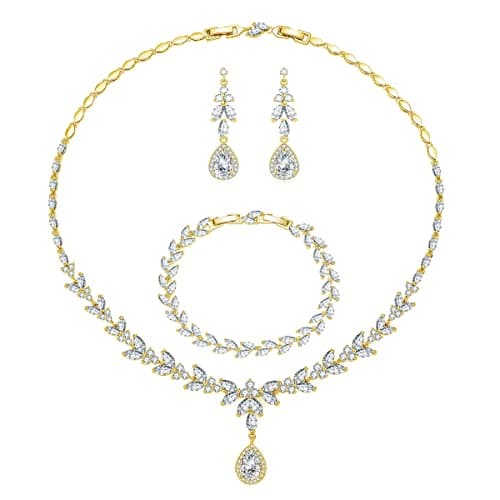 Image of Kamise Wedding Jewellery Set for Women, Gold Bride Engagememt Jewellery Sets, AAAAA Cubic Zirconia Teardrop Necklace & Earrings & Bracelet Set, Sparkle Flower Jewellery Sets for Wedding Party Event