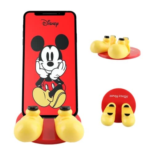 Image of Disney Mickey Mouse Feet Cell Phone Holder with Bonus Decal Sticker- Cell Phone Stand for Desk Home/Office-Universal Desk Phone Stand Compatible with Android/iPhone and More- Red Mickey Decal