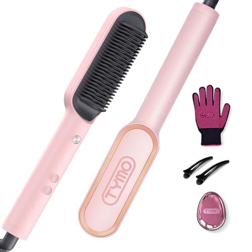 Image of TYMO Hair Straightener Brush UK, Flat Iron and Hair Brush 2-in-1, Anti-Scald, Fast Heating, 5 Temp Settings (130℃-210℃), Professional Salon at Home, Wider Comb for Even Straightening, Pink