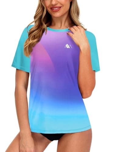 Image of Womens UV Swimwear Gradient Swim Top Gym Tops Short Sleeve Rash Guard Rash Vest Blue Gradient S