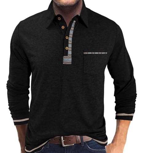 Image of LAOARA Mens Polo Shirts Long Sleeve Top Casual T Shirt Button Lightweight Fashion Tshirts with Pocket Black 3XL
