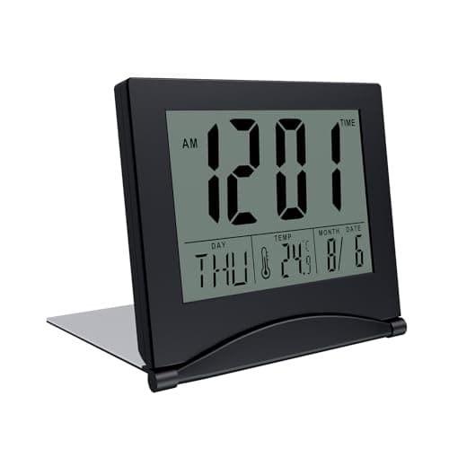 Image of MMOBIEL Digital Clock LCD Travel Alarm Foldable for Desk Top – Day, Date and Temperature Indication – Digital Alarm Clock for Table, Desk - Battery Operated – Black