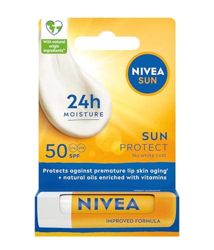 Image of NIVEA SUN Protect Caring Lip Balm SPF50 (4.8g), Factor 50 Balm with Shea Butter, Protection Against UVA/UVB Rays with 24H Moisture, Lip Care, No White Cast