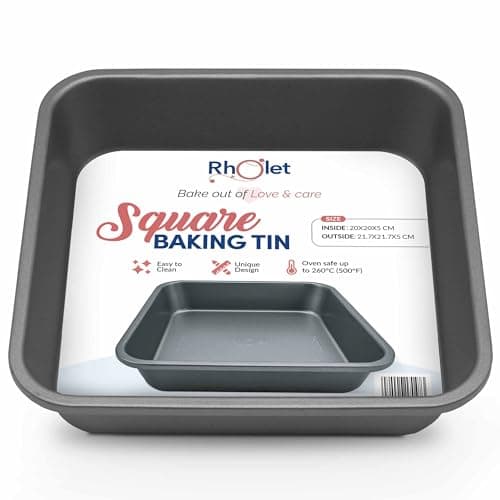 Image of Rholet Square Cake Tin 20cm - 8x8 Baking Tin Non-Stick, 2 Inch Deep – Cake Pan Carbon Steel with 0.5 mm Thickness for Brownies, Cupcakes, Christmas, Mac n Cheese