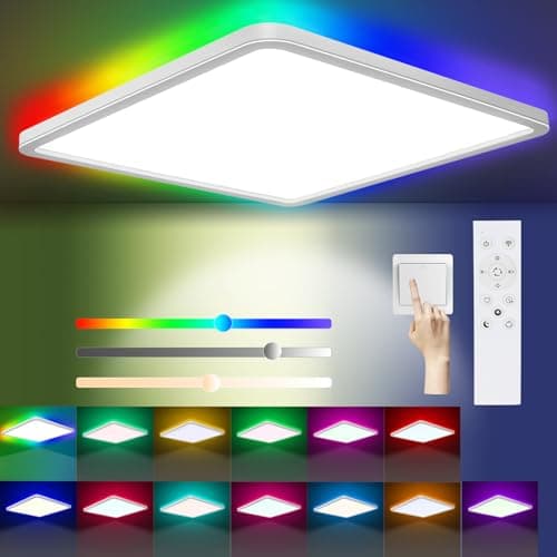 Image of LED Ceiling Light Dimmable, 24W 3200LM 13 RGB Color Changing Bathroom Light 3000-6500K with Remote Control, Timer & Memory, IP54 Waterproof 30CM Square Flush Ceiling Lamp for Kitchen Bedroom Hallway