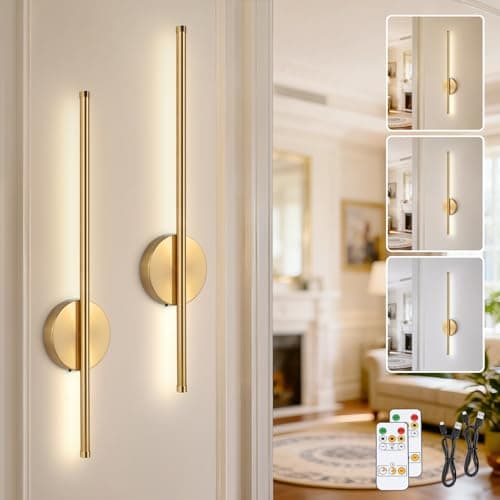Image of TaoFiaCo Gold Rechargeable Wall Lights with Remote Control - 60CM Modern Battery Operated Wall Lights Indoor for Living Room Bedroom - 3 Color Temperatures Wireless Wall Sconces 2 Pack