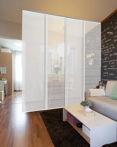 Image of GoDear Design 4 Panel Room Dividers Screen 116 cm-218 cm W x Up to 243 cm H, Extendable 4-Rail Sliding Track Privacy Screens Room Dividers, BedRoom Panel Screens, Woven Room Divider Curtains, Eclipse
