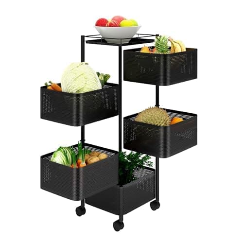 Image of CROWNSHOP 5 Tier vegetable storage Kitchen Fruit Storage Basket Rotating Square Vegetable Rack with Wheels Movable Kitchen Storage Rack