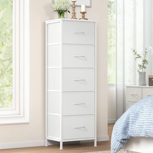 Image of SONGMICS Chest of Drawers, 5 Fabric Drawers Storage Unit, Steel, MDF, Non-Woven Fabric, for Bedroom, Closet, Hallway, Living Room, Cloud White and Snow White LGS315WH01