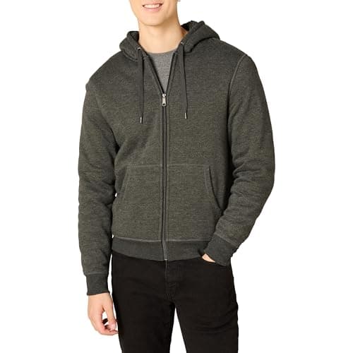 Image of Amazon Essentials Men's Sherpa-Lined Full-Zip Fleece Hoodie, Charcoal Heather, M