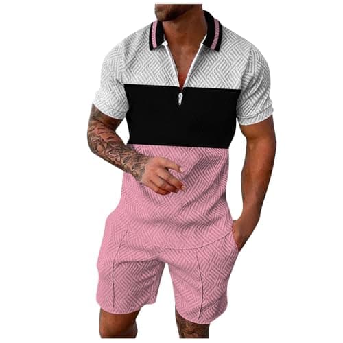 Image of Men's 2 Piece Linen Set Summer Relaxed Fit Cuban Collar Walking Suit for Beach Wedding Vacation Loungewear Set Luxury Embroidered Suit (Men's Tracksuit Polo Shirt & Shorts Hot Pink