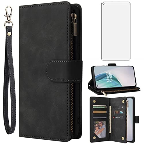 Image of Asuwish Compatible with OnePlus Nord N100 Wallet Case Tempered Glass Screen Protector and Flip Cover Card Holder Stand Cell Phone Cases for One Plus N 100 4G 1 Plus 1plus One+ 1+ 100N Women Men Black