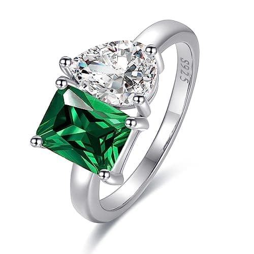 Image of Bonlavie 925 Sterling Silver Ring for Women, 2ct Emerald Cut 1.25ct Cubic Zirconia Ring, Pear Shape Double Stone Bridal Engagement Wedding Band Size S