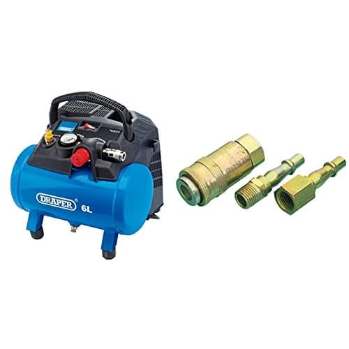 Image of Draper 02115 6L Oil-Free Air Compressor (1.2kW) & 37844 Air Line Coupling Set, 1/4" BSP, 3 Pieces