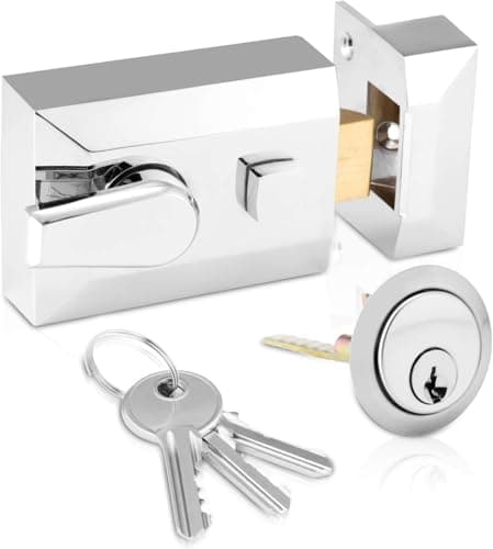Image of Standard Deadlocking Night Latch 60mm, Complete with Rim Cylinder and 3 Keys, Elegant Satin Chrome Nightlatch, External Door Lock for Front Door (Satin Chrome, 60mm)
