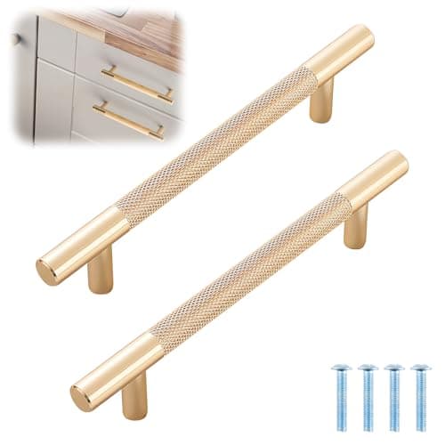 Image of 2PCS Gold Cabinet Handles, 128mm Hole Centers Modern Gold Door Handles, T Bar Knurled Cabinet Pulls, Kitchen Gold Handles for Bathroom Kitchen Cupboard Wardrobe Dresser Drawer, Long Cabinet Handle