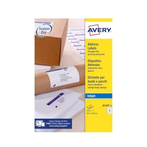 Image of Avery Smudge free, Printable, Address Labels, Quick dry, 63.5 x 38.1 mm, White, 21 Labels per sheet, 525 Blank labels per pack (J8160-25)
