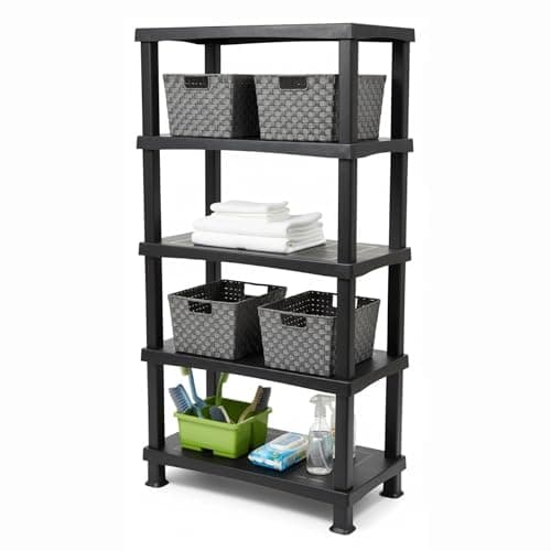 Image of ALEEZ - 5 Tier Plastic Shelving Unit - Heavy Duty Storage Shelves - Storage Rack For Home, Garage, Shed, Warehouse - 25kg/55lbs Per Shelf - No Tools Required - Push Fit Assembly, Black (1, 5 Tier)