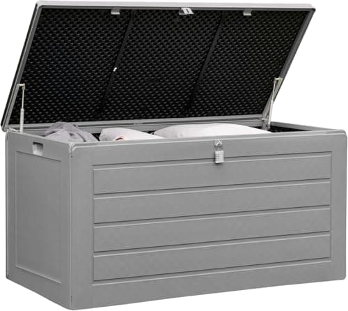 Image of Olsen & Smith 680L XL Outdoor Garden Storage Box, Weatherproof Wood Effect Outdoor Storage Box, Lockable Large Storage Box with Lid, Padlock, Seat, Storage Boxes with Lids, Anthracite, 146 x 71 x 75cm
