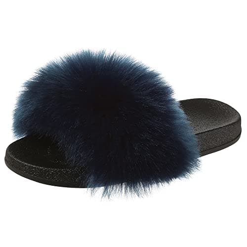 Image of Hitopteu Womens Sliders Fluffy Slippers Open Toe Slippers Indoor Outdoor Slides Sandals for Ladies Blue Label Size 38-39 260 UK 4.5-5.5