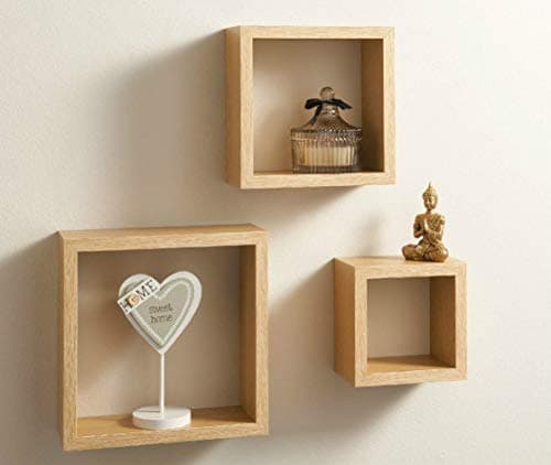 Image of Birsppy Modern Set of 3 Floating Wall Shelves Cube Shelf Oak