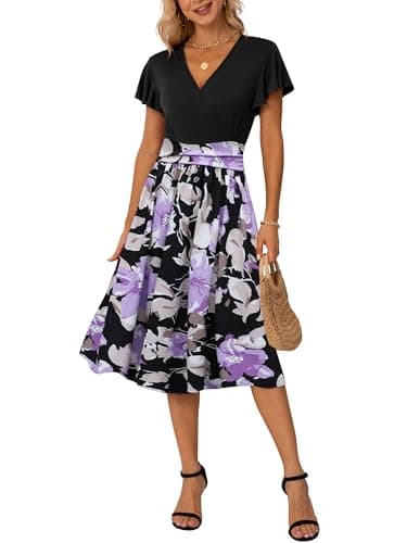 Image of GRECERELLE Womens Summer Wrap Dress Ladies Casual Ruffle Short Sleeve V-Neck Floral Beach Dresses for Women (Black + Purple Floral, M)