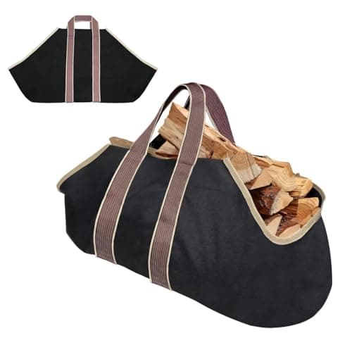 Image of Large Canvas Log Carrier Bag & Firewood Basket 36"x17.5", Durable Log Storage Companion for Fireplace, Wood Burner & Outdoor Fire Accessories (Black)