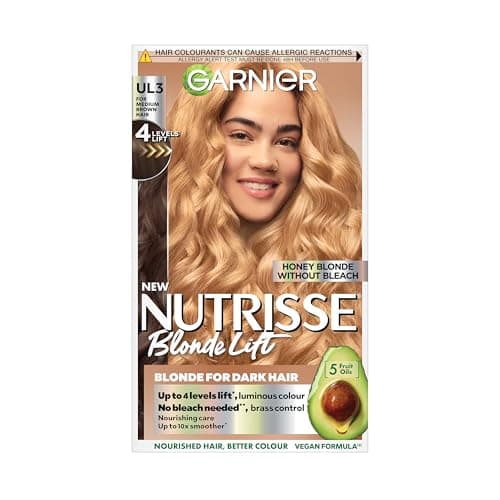 Image of Garnier Nutrisse Blonde Lift Hair Dye, Vegan, UL3 Honey Blonde Lift. For 100% grey coverage and 4 levels of lift. No-ammonia, vegan for warm, sun-kissed honey blonde tones and radiant results.