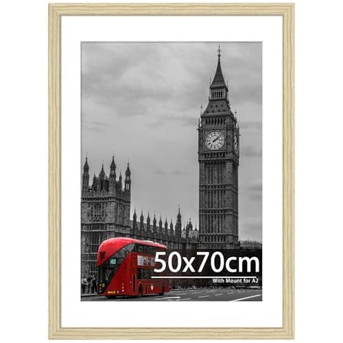 Image of Tinkeps 50x70cm Oak Wood Frame, Engineered Wood and Plexiglass, Picture Frames 50cm x 70cm with Mount for A2 Prints, Photos, and Posters, Wall Mountable