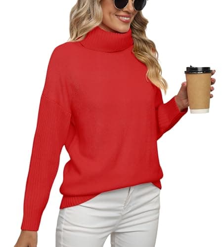 Image of Anelune Womens Turtleneck Jumpers, Winter Long Sleeve Oversized Knitted Sweater, Casual Loose Batwing Sleeve Pullover Qi Red L