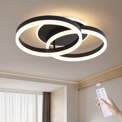 Image of LED Ceiling Light 36W for Living Room, 50cm 2-Ring Design, Modern Ceiling Lamp with Remote Control, Dimmable, Metal + Acrylic, Night Light & Memory Function, for Bedroom, Dining Room, Office, Black