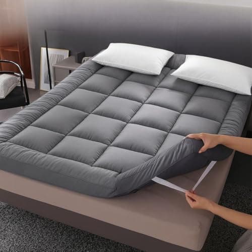Image of 10cm Thick Grey Mattress Topper Super King Size Bed - 1000GSM Heavy Filling Quilted Extra Deep | Fluffy, Breathable, Soft, Box Stitched | Mattress Pad | Corner Elastic Straps Machine Washable