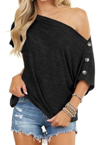 Image of Dressmine Off The Shoulder Tops for Women Casual Batwing Short Sleeve Button Down T Shirts Black Medium