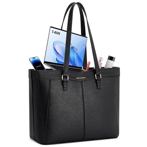 Image of RAINSMORE Tote Bags for Women PU Leather Handbags for Women with Zip Women's 14 Inch Laptop Tote Bag Large Capacity Ladies Shoulder Hand Bag for Work School Shopping Daily Use Black