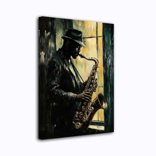 Image of CXHOSTENT Black Jazz Canvas Wall Art Abstract Black Music Painting Prints African American Picture Musical Instruments Artwork for Men Room Decor Framed (Brown, 30.00 x 45.00 cms)