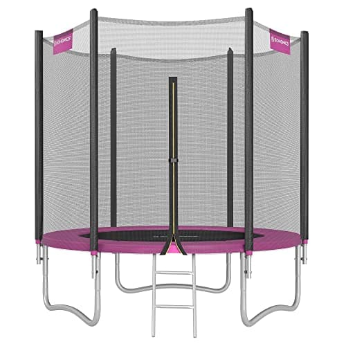 Image of SONGMICS Children's Outdoor Trampoline Diameter 183 cm, External Protective Net, Safety Cushions, Ladder, 180 cm High Straight Pole, Steel Frame, Black and Pink STR061P01V1