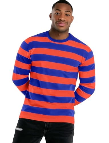 Image of Mens Long Sleeve T Shirt Striped(Orange Blue,XL)