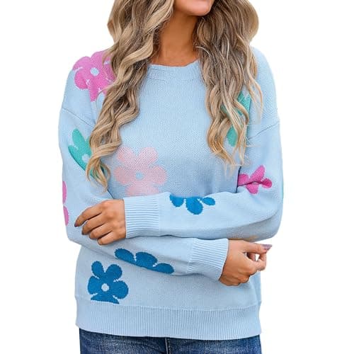 Image of Ladies Jumpers Dressy Casual Flower Patterned Knitted Jumpers Autumn Winter Pullover Sweaters Holiday Knitwear Casual Loose Everyday Sweaters,Blue,XL