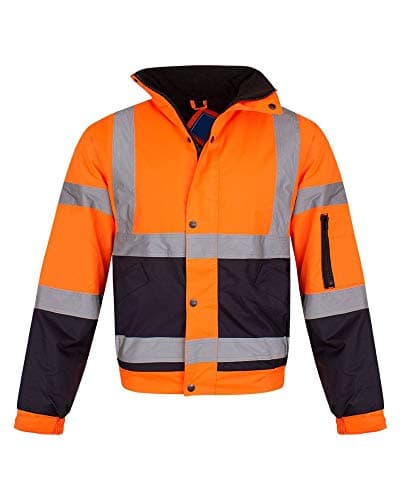Image of shelikes Hi Vis Viz Visibility Bomber Workwear Security Safety Fluorescent Hooded Padded Waterproof Work Wear Jacket Coat [Orange/Navy 2XL]