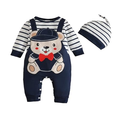 Image of QUNERY Newborn Baby Boy Clothes Long Sleeve Jumpsuit Cute Cartoon animal with Hat Outfits blue 0-3 months