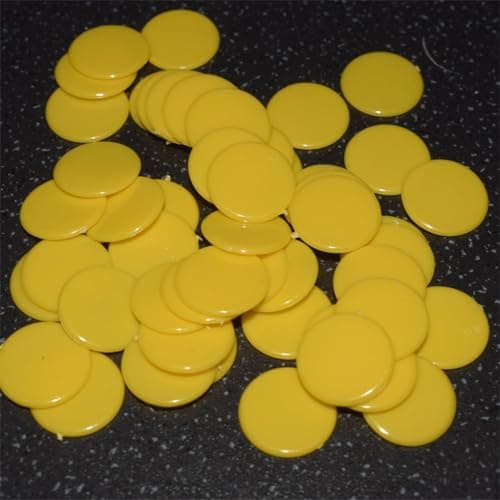 Image of 15mm plastic games counters. pack of 50 counters. Each counter measures 15mm x 1.3mm thick (Yellow)