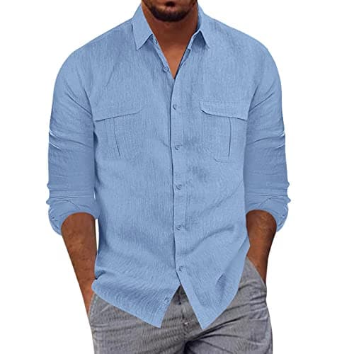 Image of Mens Cotton Linen Shirts Long Sleeved Regular Fit Casual Solid Shirt Lightweight Button Down Standing Collar Pocket Top Breathable Comfort Classic Fit Polo Shirt Fashionable Business Shirt Blue