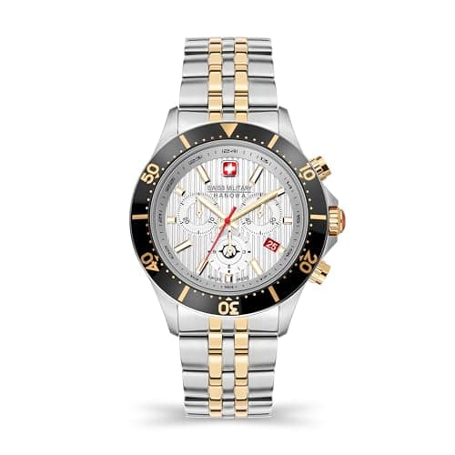 Image of Swiss Military Hanowa Flagship X Chrono Men's Watch with Genuine Leather Strap or Stainless Steel Strap 10 ATM Sapphire Glass, Gold/Silver, One Size, Modern