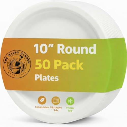 Image of The Happy Garden Bagasse Plates, 10 Inch Round (Pack of 50) - Heavy Duty Disposable Plate, Eco Friendly Sugarcane Dishes, Compostable Party Plates, Microwave & Freezer Safe