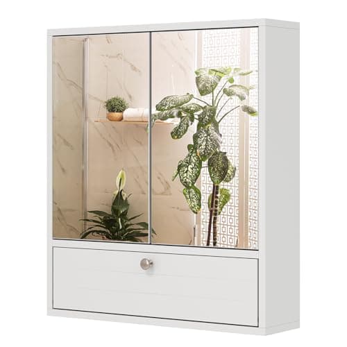 Image of CASART Wall-Mounted Bathroom Mirror Cabinet, 2/3 Door Storage Cupboard with Shelves & Cushioning Hinges, Bath Organiser Storage for Bedroom, Living Room and Toilet (Double Door with Compartment)