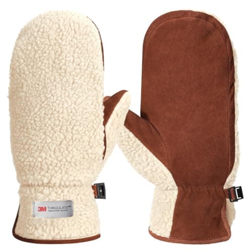 Image of Harssidanzar Womens Winter Sherpa Mitten Warmth Lined with Finger Liners Suede Mitt SL020UK,beige/light brown,size M