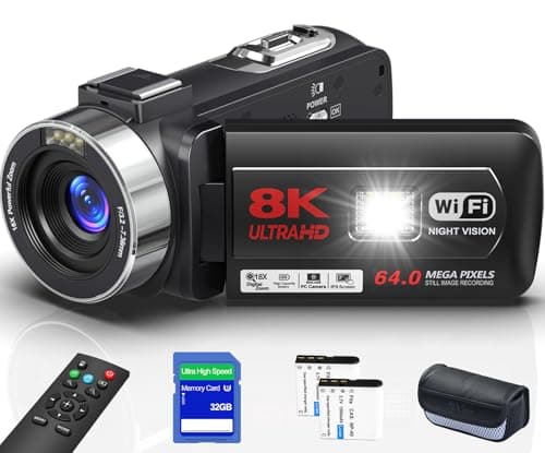 Image of 8K 64MP Video Camera Camcorder with IR Night Vision Vlogging Camera, 18X Zoom Digital 3.0 inch Touch Screen WiFi Camcorder for YouTube with 32G SD Card, 2.4G Remote Control, and Two Batteries