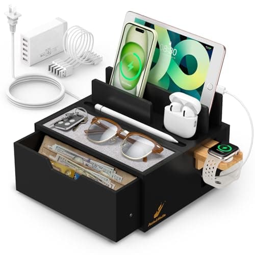 Image of Pezin & Hulin Bamboo Charging Station for Multi Device, with Power Charger & Cables, Nightstand Docking Station with Lined Tray & Drawer, Compatible with Tablet, Cell Phones-Black