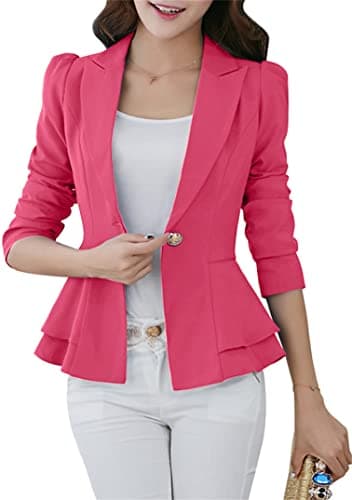 Image of EFOFEI Lady Work Suit Office Jacket Lantern Sleeve Suit Blazer Long Sleeve Ruffle Hem Jacket Slim Button Blazer Rose S